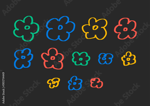 Set of abstract hand drawn linear flowers. Vector clipart colorful floral collection. Naive childish style