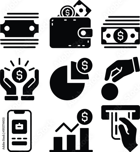 Various icons representing financial transactions and economic activities