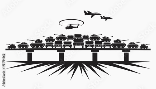 Military convoy crossing bridge with tanks trucks and aircraft flying overhead in a dramatic silhouette illustration