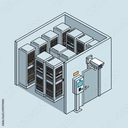 Isometric illustration of a server room with multiple racks, security camera, and access control.