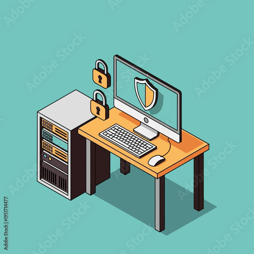 Isometric illustration of a computer setup with security locks and a server.