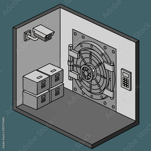 Isometric illustration of a bank vault interior with security camera and boxes.