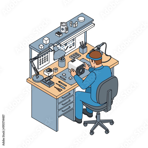 A person in a blue uniform is working on a device at a workbench with tools.
