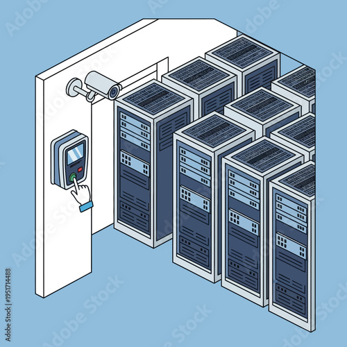 Isometric illustration of a server room with security access control and surveillance camera.