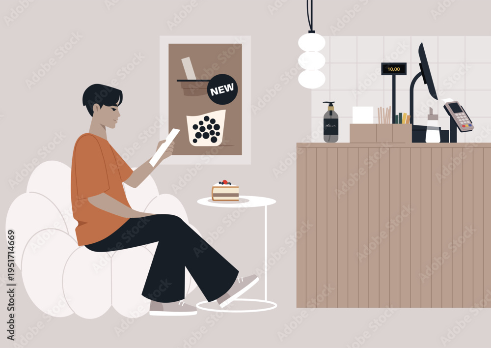 Fototapeta premium In a charming coffeeshop, a person sits comfortably on a stool, reading the menu with curious eyes while surrounded by soft colors and coffee aromas.
