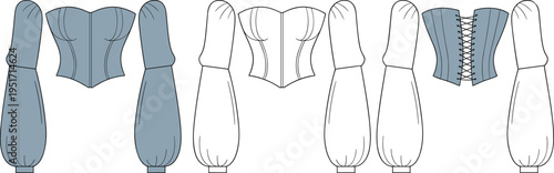 Women corset crop top with detachable puff sleeves technical fashion flat vector illustration