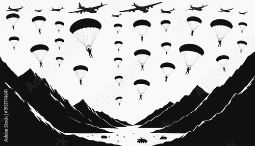 Parachuters jump from planes over mountains black silhouette illustration of adventure and thrill seekers in skydiving action