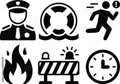 Collection of emergency and safety-related icons in black and white