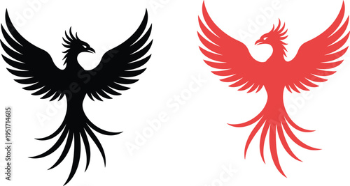 WebPhoenix illustration, mythical bird, rebirth symbol, immortality concept, renewal theme, dynamic posture, artistic design, vector art, black silhouette, red silhouette