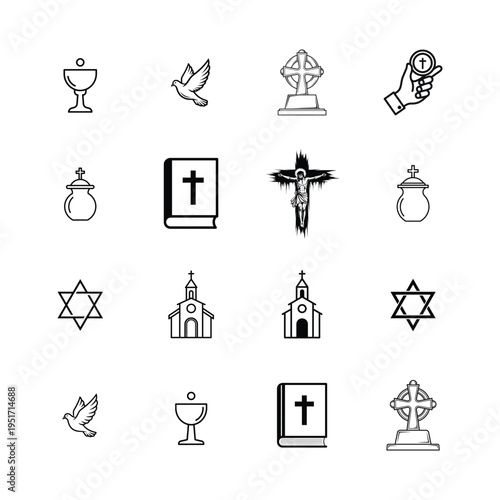A collection of black and white line icons representing various religious symbols and objects high quality