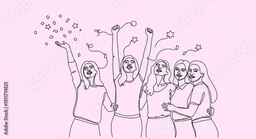 Group of friends celebrating with confetti and raised hands.