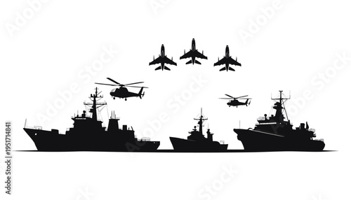 Naval fleet silhouette illustration with warships and aircraft