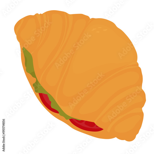 Croissant with tomatoes and lettuce leaves. Healthy and delicious breakfast. Vector stock illustration. Isolated on a white background. food.
