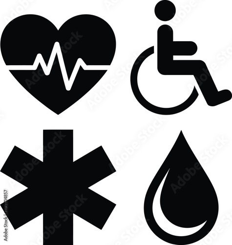 Symbols representing health, disability, emergency, and water safety icons