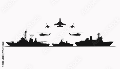 Naval task force silhouette illustration with warships and aircraft