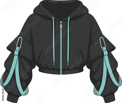 Women cropped hoodie jacket technical fashion illustration with zipper drawstring hood and strap sleeve detail streetwear apparel design vector illustration