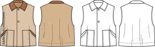 Women button front vest technical fashion sketch front and back view vector outline clothing design template illustration