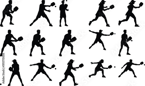 A vibrant collection of pickleball players depicted as black silhouettes, frozen in mid-action, showcasing their agility, power, and the fast-paced nature of the sport on a clear day.