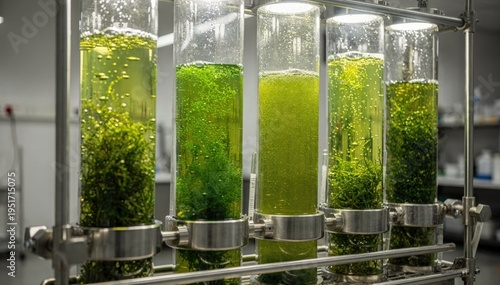 Medium shot of clear tubular reactors filled with green algae showcasing lightpenetrated cultivation for nutrientdense biofertilizer production.