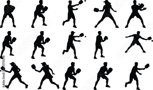 Silhouetted figures of men and women playing pickleball with intense focus and athletic prowess, illustrating the excitement and competitive spirit of this popular racket sport in outdoor settings.