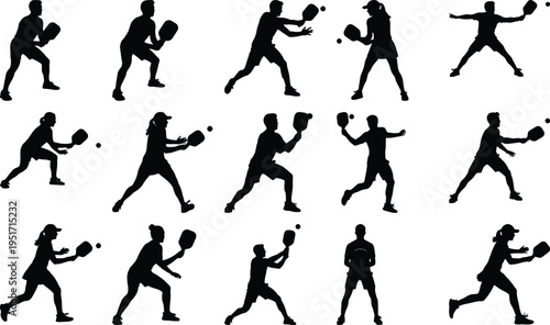 Array of black silhouette figures in motion, representing men and women playing pickleball with paddles and balls, highlighting the sport's agility and engagement.