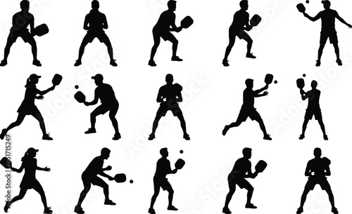 Multiple black silhouette illustrations of individuals playing pickleball, showcasing diverse postures and energetic movements, ideal for representing sports and activity.