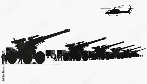 Silhouette of large artillery battery with soldiers and helicopter military equipment in action warfare concept