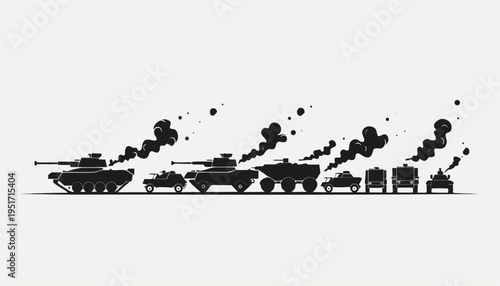 Military armored column silhouette with smoke trails on a white background vector illustration for design and decoration
