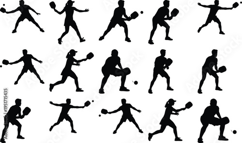 Collection of diverse pickleball player silhouettes in motion, capturing men and women engaged in different game phases, emphasizing agility and athletic prowess with racquets and balls.