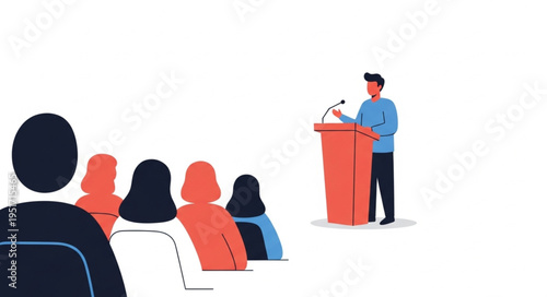Man speaking at podium to an audience illustration.