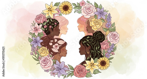 Diverse women in profile surrounded by floral wreath illustration.