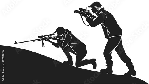 Sniper team silhouette illustration with two men in tactical gear aiming rifles from a hilltop position
