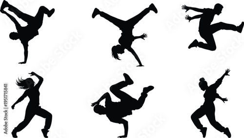 Energetic silhouettes of dancers performing breakdance and hip hop moves, showcasing rhythm, balance, and dynamic street dance art
