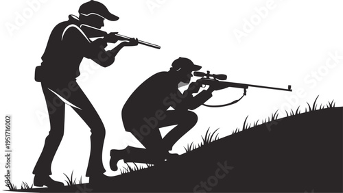Sniper team silhouette illustration with two men aiming rifles on grassy hill with white background