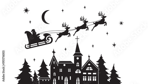 Santa Claus sleigh with reindeer flying across a crescent moon and stars over a silhouetted village and pine trees during Christmas Eve.