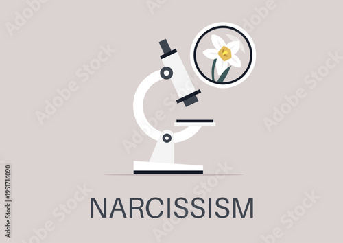 A creative depiction showcases a microscope focusing on a delicate flower, symbolizing the insight psychology offers into understanding narcissism and self-reflection.