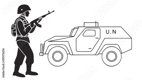 Peacekeeping soldier in black uniform with gun standing next to a united nations armored vehicle in a flat vector style silhouette