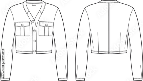 Women cropped jacket template with front and back views for fashion apparel design mockup and garment development, cad drawing flat vector illustration