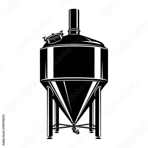 Silhouette of a Stainless Steel Conical Fermenter Tank for Brewing, Representing Commercial Beer Production and Cellar Technology.