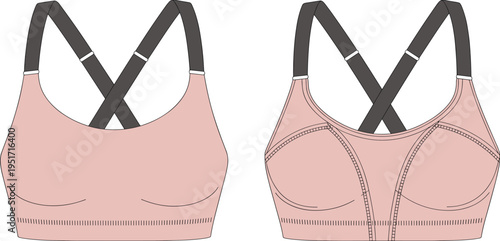 Women cross back sports bra technical drawing, adjustable strap athletic bra template front and back apparel mockup – cad drawing flat vector illustration