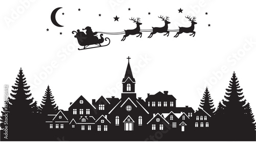 Santa Claus in his sleigh pulled by reindeer over a snowy village silhouette with pine trees under a crescent moon and stars.