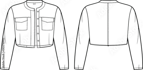 Women cropped jacket template with front and back views minimalist fashion apparel design mockup illustration
