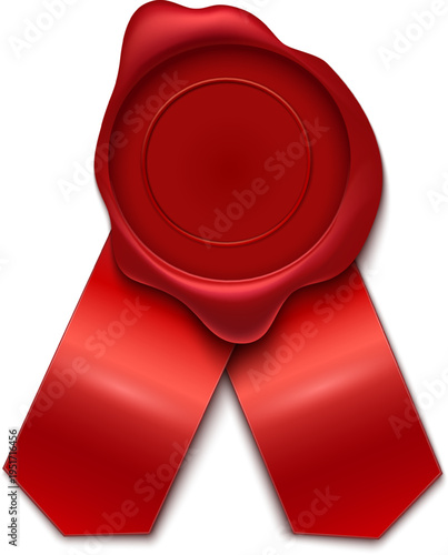 Red wax seal with ribbons certifying official approval