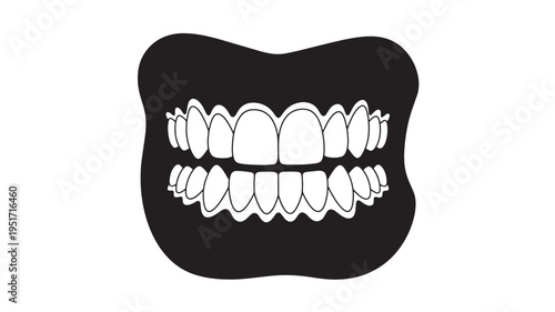 Teeth black silhouette illustration with white outlines showing upper and lower dental rows against a white background.
