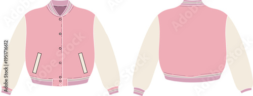 Women cropped varsity jacket technical fashion flat with rib collar cuffs and contrast sleeves front and back cad drawing flat vector illustration