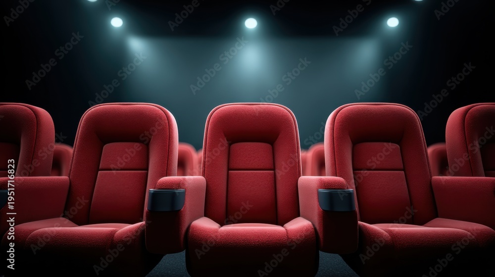 Fototapeta premium Rows of Empty Red Theater Seats Under Spotlights, Ready for Audience and Performance