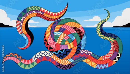 Vibrant patchwork ribbon waves float over calm sea symbolizing freedom and creativity in nature