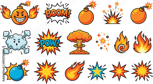 Cartoon Explosion Icons Set with Bombs, Fire Flames, Comic Boom Effects and Blast Elements
