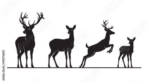 Deer silhouettes showing a family group with adult males, females, and a fawn with spots. featuring silhouette, animal, wildlife with stag and doe