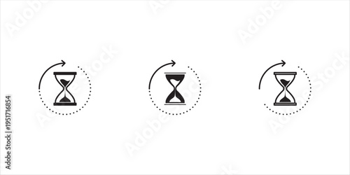 Anti aging hourglass icon set. Simple outline style. Waiting slow time, anti old, clock, sandglass with round arrow, timer concept. Thin line symbol. Vector illustration isolated. Vector illustration,